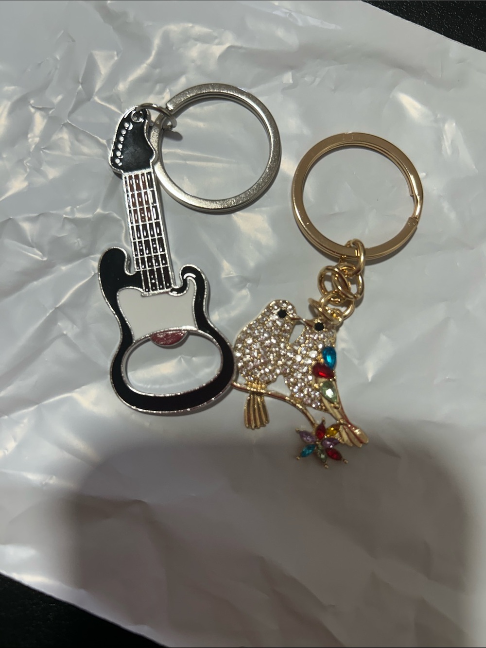 Black Guitar Bottle-Opener Keychain & Gold Jeweled Parrot Keyring Set
